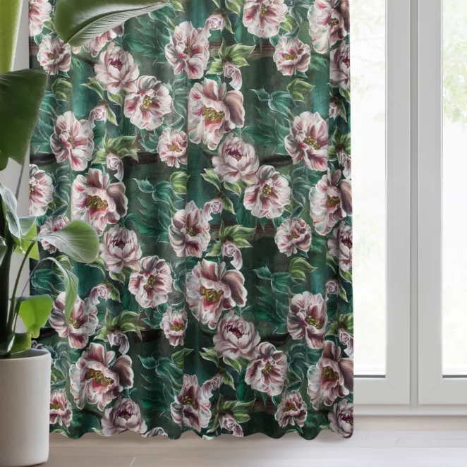 Zasłona zielono, różowa ze wzorem kwiatowym z welwetu 140x270 cm taśma /szelki PALMERA