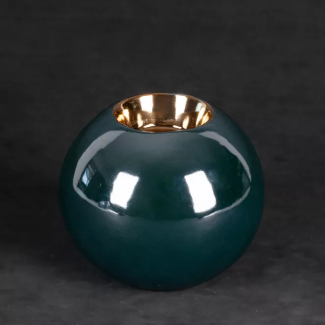 Świecznik ceramiczny AMORA 2 o lśniącej powierzchni ze złotym detalem, kulisty