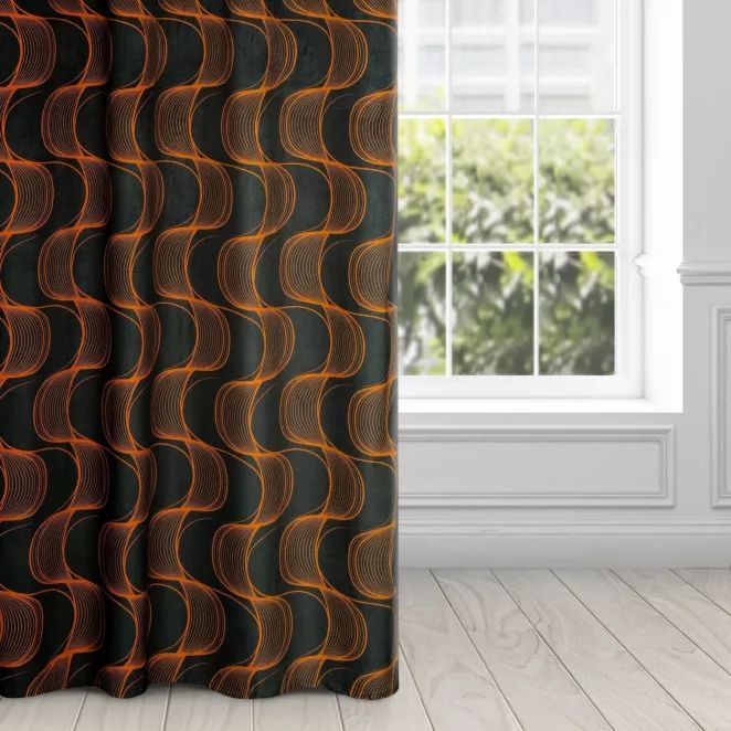 Zasłona czarno, ruda z wzorem pionowych fal, z welwetu 140x250 cm przelotka POLA