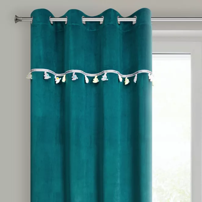 Zasłona turkusowa z aplikacją w słoniki z welwetowej tkaniny 140x250 cm przelotka KIDS