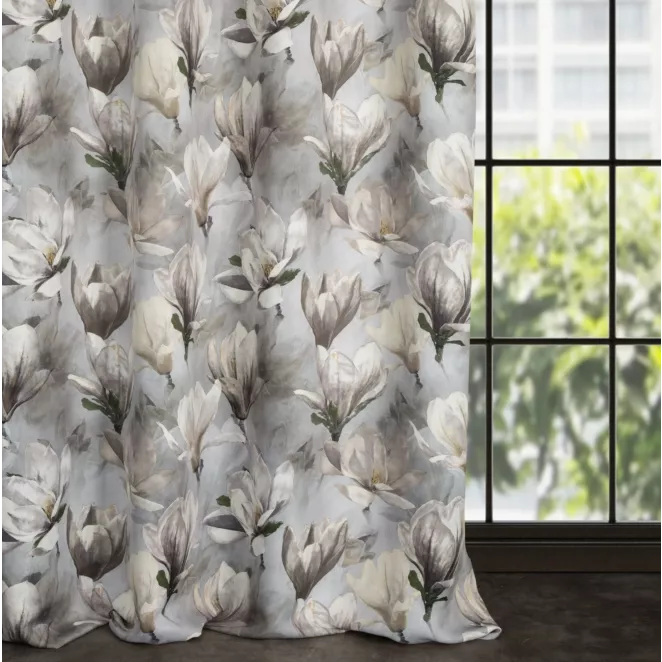 Zasłona popielato, kremowa z motywem kwitnących magnolii, zaciemniająca 140x250 cm przelotka LARI