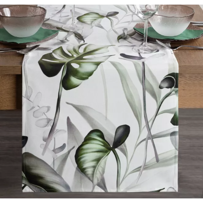 DESIGN 91 bieżnik welwetowy ELLEN zdobiony nadrukiem liści monstery