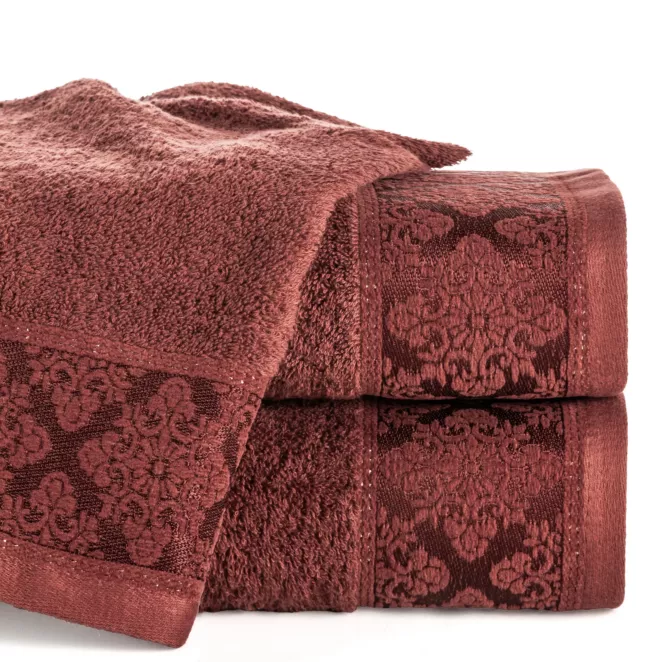 Ręcznik do rąk 30x50 cm bawełniany kolor ceglasty z żakardowym wzorem ornamentów 500 g/m2 SARA