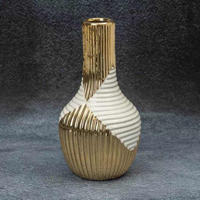 Wazon ceramiczny biało-złoty z geometrycznym wzorem