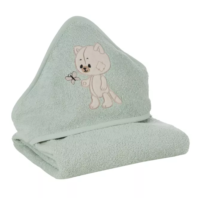 Ręcznik kąpielowy dziecięcy 100x100 cm bawełniany kolor miętowy z kapturem i haftem kotka 350g/m2 BABY 66