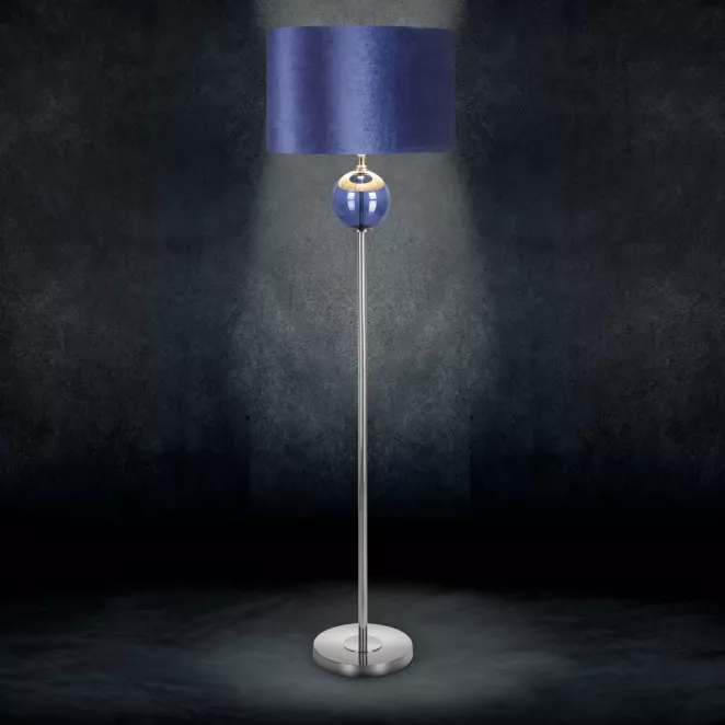 Lampa stojąca IRIS na metalowej podstawie ze szklaną turkusową bombką i welwetowym abażurem