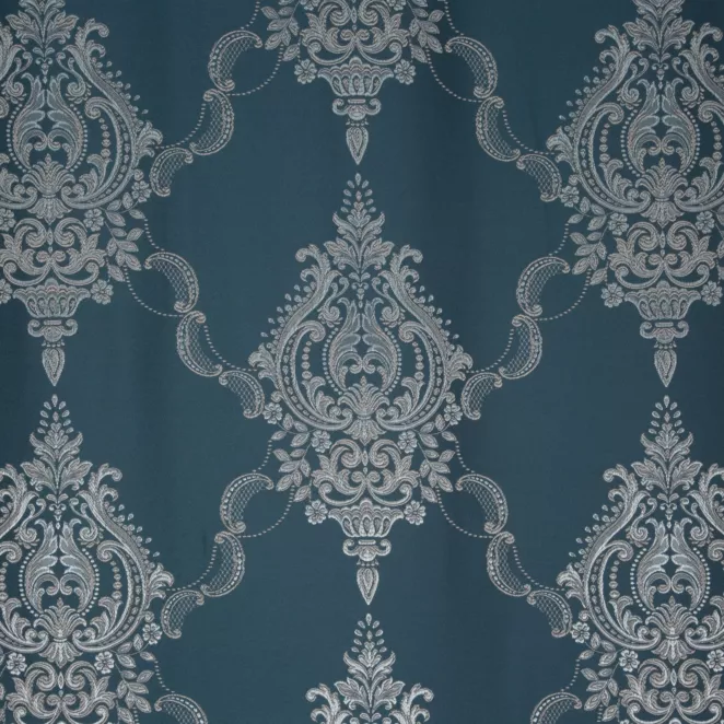 L147/4 Zasłona szyta na taśmie 5 cm granatowo srebrna z eleganckiej tkaniny w duży ornamentowy wzór