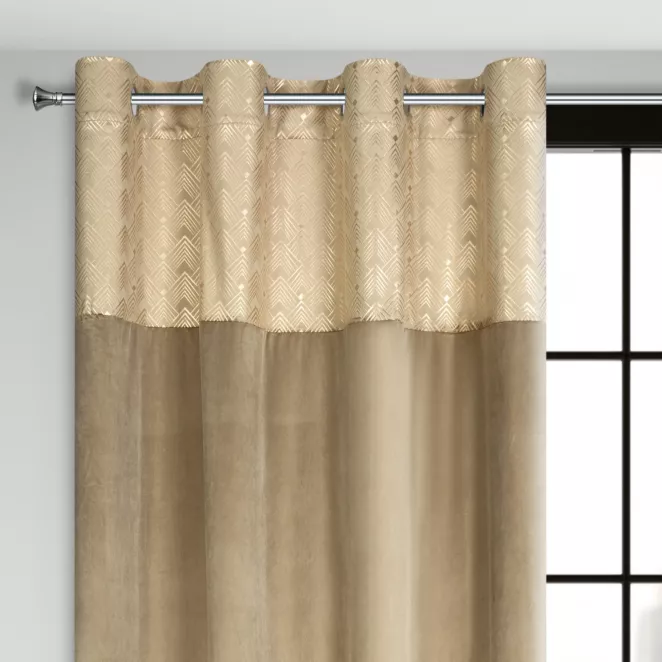 Zasłona beżowa ze złotym wzorem z błyszczącego welwetu 140x250 cm przelotka ELEN