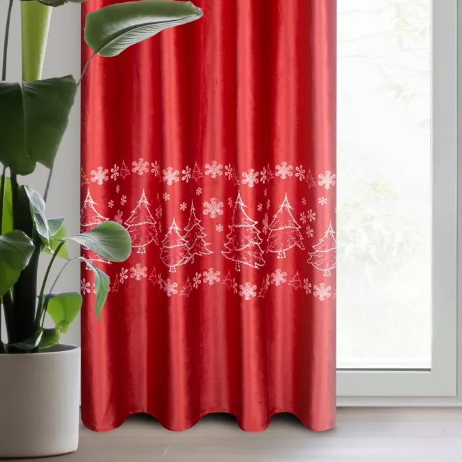 Zasłona czerwono, biała świąteczna z tkaniny welwetowej 140x250 cm przelotka RUBI