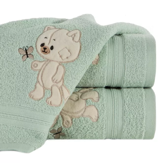 Ręcznik kąpielowy dziecięcy 70x140 cm bawełniany kolor miętowy z haftem kotka 450 g/m2 BABY 66