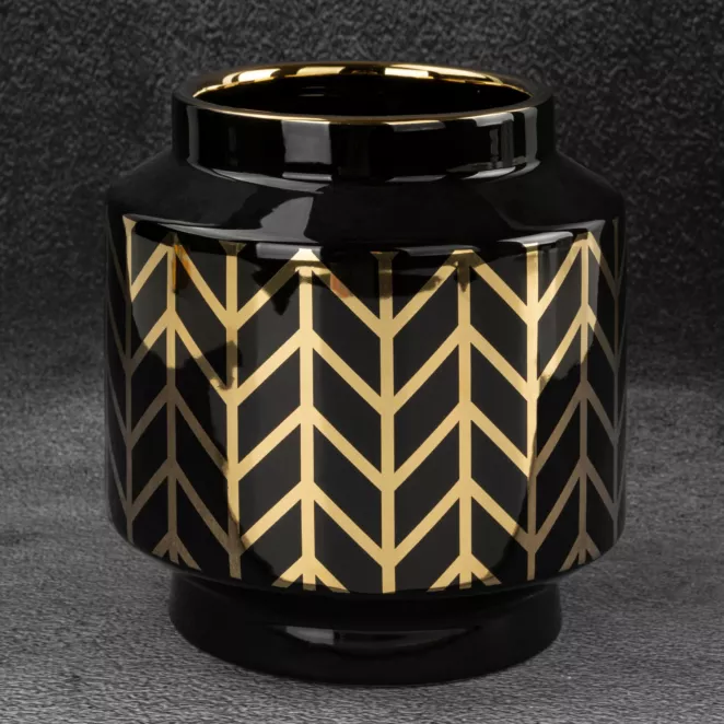 Wazon ceramiczny z geometrycznym wzorem czarno-złoty
