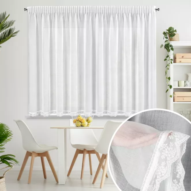 Firana biała zdobiona subtelną koronką 350x150 cm taśma SUZAN