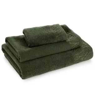 Ręcznik do rąk 30x50 cm bawełniany kolor oliwkowy z ozdobną błyszczącą bordiurą 500 g/m2 MARGO
