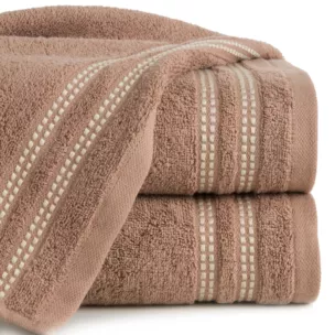 Ręcznik kąpielowy 50x90 cm bawełniany kolor brązowy z subtelną bordiurą w paseczki 500 g/m2 ALLY