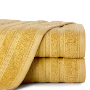 Ręcznik kąpielowy 70x140 cm bawełniany kolor musztardowy z bordiurą w błyszczące paski 500 g/m2 JUDY