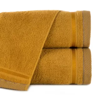Ręcznik do rąk 30x50 cm bawełniany kolor ciemnożółty zero twist z bordiurą w paski 500 g/m2 ABBIE