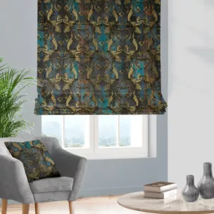 Roleta szyta z systemem comfort ciemnoturkusowo złota z miękkiej tkaniny w elegancki ornamentowy wzór