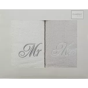 Zestaw ręczników bawełnianych na prezent 2 szt 50x90 cm z haftem MR&MRS kolor biały, popielaty 400 g/m2