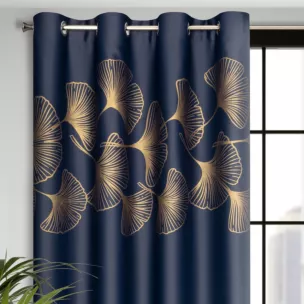 Zasłona granatowa ze złotym wzorem liści ginko, zaciemniająca 140x250 cm przelotka HARMONY