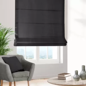 Roleta szyta z systemem comfort czarna z miękkiej tkaniny o naturalnym splocie w stylu ekologicznym