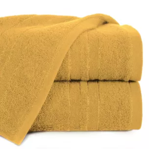 Ręcznik do rąk 30x50 cm bawełniany kolor musztardowy z bordiurą w paski podkreślone błyszczącą nicią 500 g/m2 GALA