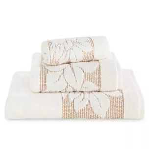 Ręcznik kąpielowy 50x90 cm bawełniany kolor kremowy z wytłaczaną bordiurą w kwiaty 500 g/m2 ROSE