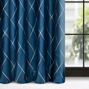Zasłona granatowo, złota haftowana w duże karo z tkaniny welwetowej 140x250 przelotka MARGO Pierre Cardin