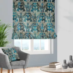 Roleta szyta z systemem comfort ciemnoturkusowo srebrna z miękkiej tkaniny w elegancki ornamentowy wzór