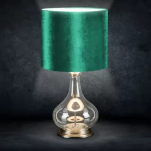 Lampa stołowa KIM na podstawie z przezroczystego szkła ze szmaragdowym abażurem z lśniącego welwetu