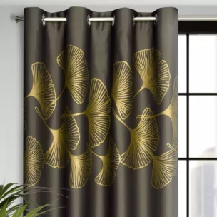 Zasłona brązowa ze złotym wzorem liści ginko, zaciemniająca 140x250 cm przelotka HARMONY