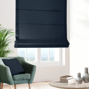 Roleta szyta z systemem comfort granatowa z miękkiej tkaniny o naturalnym splocie w stylu ekologicznym