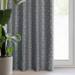 Zasłona stalowo, srebrzysta zdobiona nadrukiem geometrycznym 140x250 cm przelotka SEMI