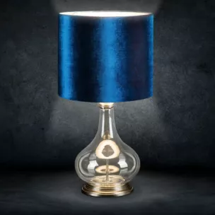 Lampa stołowa KIM na podstawie z przezroczystego szkła z granatowym abażurem z lśniącego welwetu