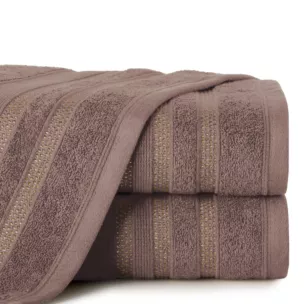 Ręcznik kąpielowy 50x90 cm bawełniany kolor jasnobrązowy z bordiurą w błyszczące paski 500 g/m2 JUDY