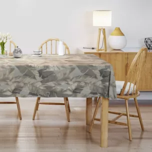 Obrus szyty srebrno złoty z tkaniny w elegancki roślinny wzór z połyskliwą nicią i efektem 3D
